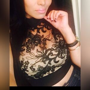 Nasty Gal Black Sheer Floral Lace Mock Neck Crop Top